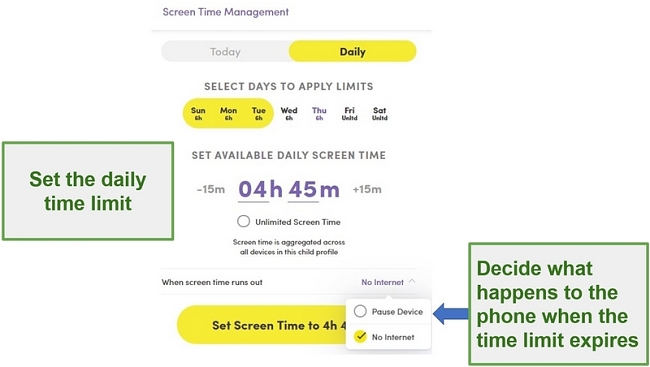 Captura de pantalla que muestra c&oacute;mo establecer un l&iacute;mite de tiempo diario con la configuraci&oacute;n de administraci&oacute;n de pantalla de Net Nanny