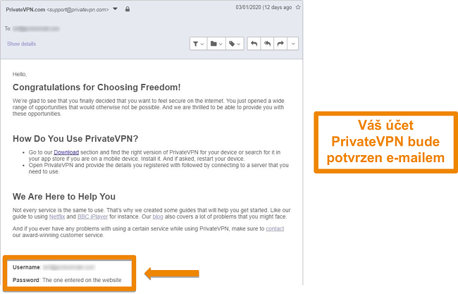 Sn&iacute;mek obrazovky s potvrzen&iacute;m e-mailu PrivateVPN po přihl&aacute;&scaron;en&iacute; k &uacute;čtu