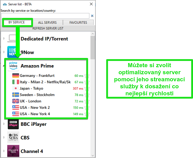 Screenshot možnost&iacute; streamovac&iacute;ho serveru pro PrivateVPN