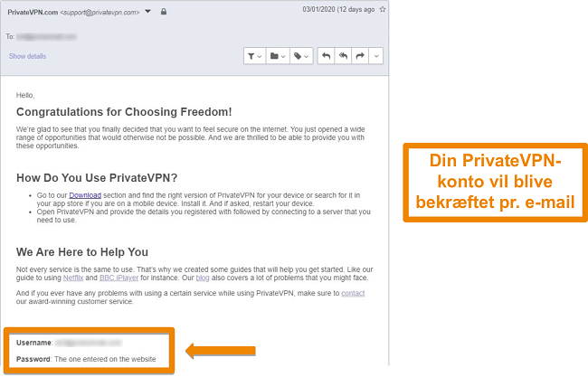 Sk&aelig;rmbillede af en PrivateVPN-e-mail-bekr&aelig;ftelse efter tilmelding til en konto