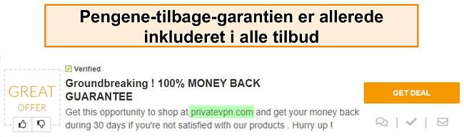 Sk&aelig;rmbillede af en PrivateVPN-kupon, der reklamerer for en pengene-tilbage-garanti som en "aftale"