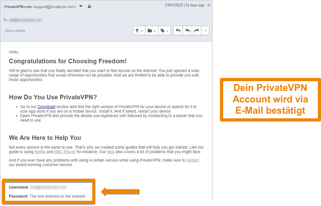 Screenshot einer PrivateVPN-E-Mail-Best&auml;tigung nach der Anmeldung f&uuml;r ein Konto