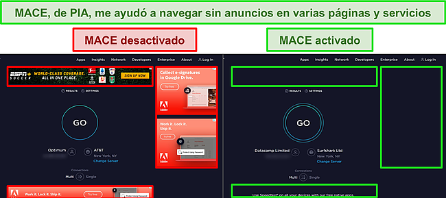 Capturas de pantalla de los sitios web de Ookla con la funci&oacute;n MACE de PIA activada y desactivada, destacando la diferencia en la cantidad de anuncios que se ven en cada p&aacute;gina.