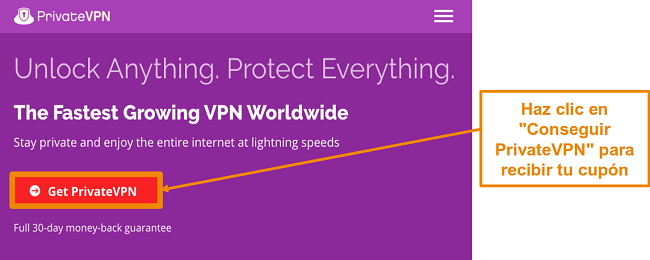 Captura de pantalla de la pantalla de inicio de PrivateVPN con un