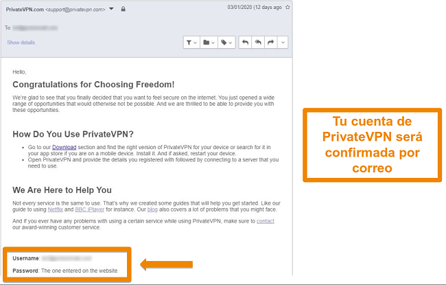 Captura de pantalla de una confirmaci&oacute;n por correo electr&oacute;nico de PrivateVPN despu&eacute;s de registrarse para obtener una cuenta