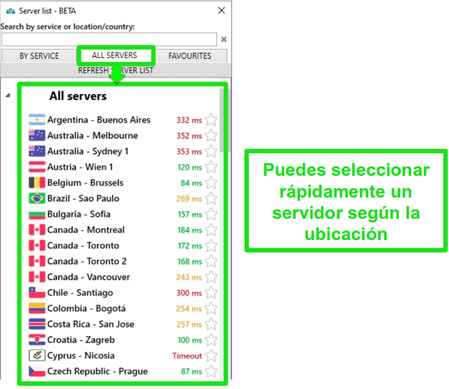 Captura de pantalla de las ubicaciones del servidor PrivateVPN en la lista "Todos los servidores"