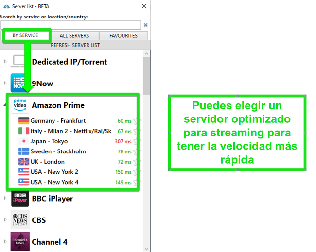 Captura de pantalla de las opciones del servidor de transmisi&oacute;n para PrivateVPN
