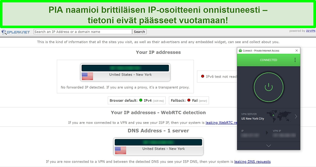 N&auml;ytt&ouml;kuva IP-vuototestien tuloksista, kun PIA on kytketty yhdysvaltalaisiin palvelimiin.