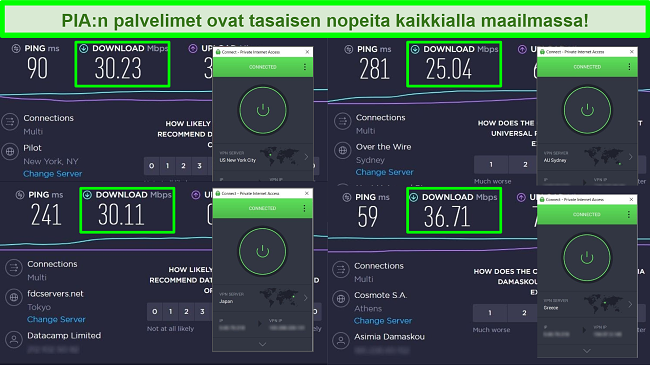 Kuvakaappaukset Ooklan nopeustestist&auml; PIA: n kanssa, joka on kytketty eri maailmanlaajuisiin palvelimiin.