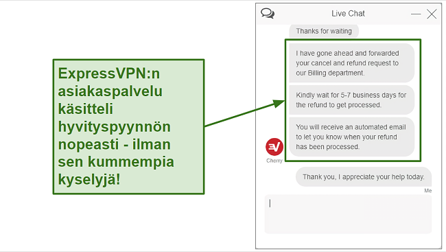 N&auml;ytt&ouml;kuva ExpressVPN-hyvityspyynn&ouml;st&auml; live-chatissa