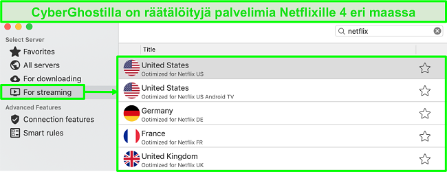 N&auml;ytt&ouml;kuva CyberGhost-sovellusliittym&auml;st&auml;, joka n&auml;ytt&auml;&auml; optimoidut palvelimet Netflixin suoratoistoa varten