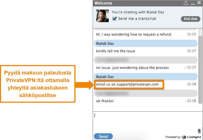 Kuvakaappaus PrivateVPN-live-chat-agentista, joka antaa ohjeet hyvityspyynn&ouml;n l&auml;hett&auml;miseen s&auml;hk&ouml;postitse
