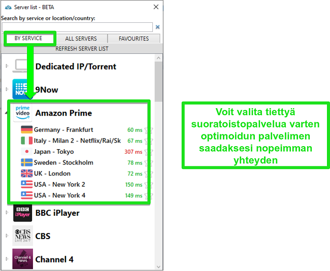 Kuvakaappaus suoratoistopalvelinvaihtoehdoista PrivateVPN: lle