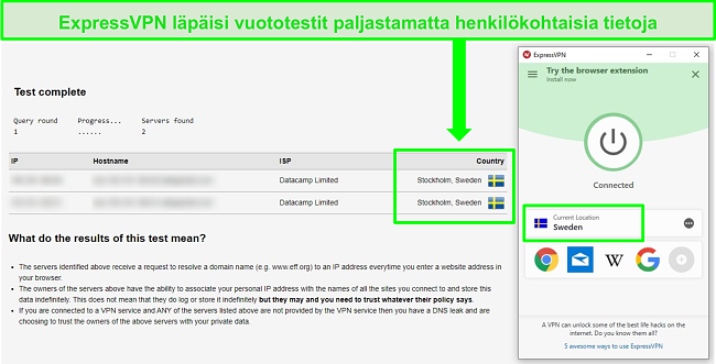 N&auml;ytt&ouml;kuva ExpressVPN: st&auml;, joka l&auml;p&auml;isee DNS-vuototestin, kun se on yhteydess&auml; ruotsalaisiin palvelimiin