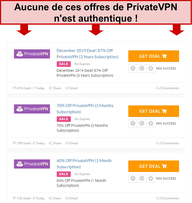Capture d'&eacute;cran des offres PrivateVPN montrant de faux prix