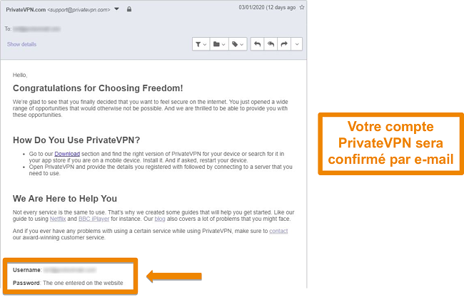 Capture d'&eacute;cran d'un e-mail de confirmation PrivateVPN apr&egrave;s la cr&eacute;ation d'un compte