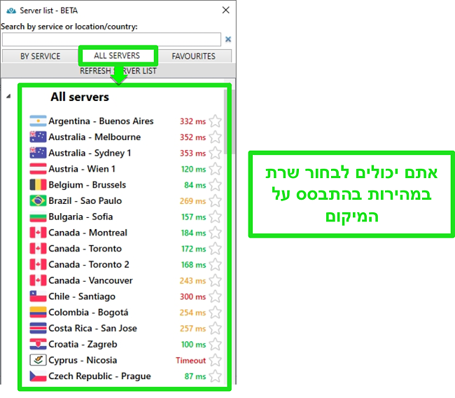 תמונת מסך של מיקומי שרתים PrivateVPN ברשימה "כל השרתים"