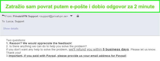Snimka zaslona PrivateVPN-a koji je brzo odgovorio na moj zahtjev za povrat putem e-po&scaron;te