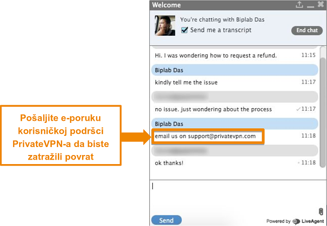 Snimka zaslona PrivateVPN agenta za chat uživo koji pruža upute za slanje zahtjeva za povrat putem e-po&scaron;te