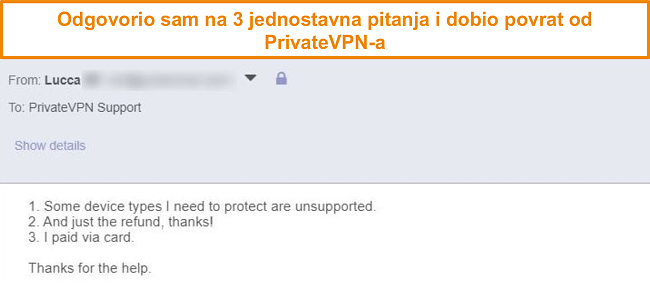 Snimka zaslona odgovora na zahtjev za povrat privatnog VPN putem e-po&scaron;te