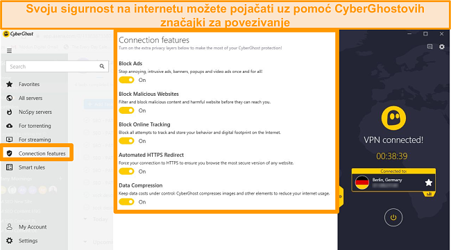 Snimka zaslona značajki veze CyberGhost za pobolj&scaron;anje mrežne sigurnosti