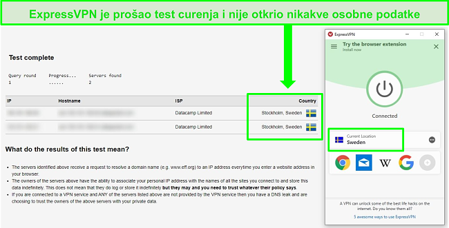 Snimka zaslona ExpressVPN-a koji prolazi test propu&scaron;tanja DNS-a dok je povezan sa &scaron;vedskim poslužiteljima