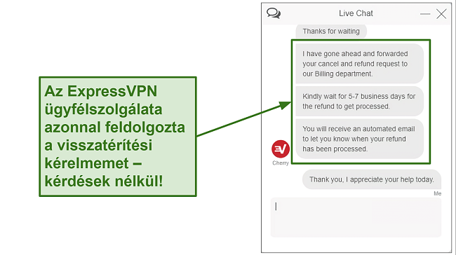 Pillanatk&eacute;p az ExpressVPN visszat&eacute;r&iacute;t&eacute;si k&eacute;relm&eacute;ről &eacute;lő cseveg&eacute;s sor&aacute;n
