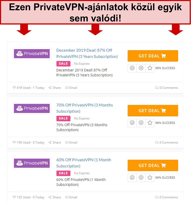 Pillanatk&eacute;p a hamis &aacute;rakat mutat&oacute; PrivateVPN-aj&aacute;nlatokr&oacute;l