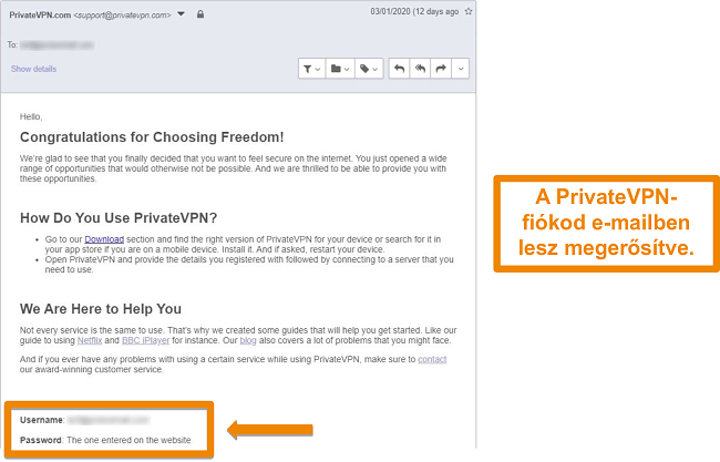 Pillanatk&eacute;p a PrivateVPN e-mail megerős&iacute;t&eacute;s&eacute;ről a regisztr&aacute;ci&oacute; ut&aacute;n