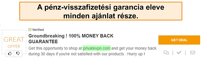 Pillanatk&eacute;p egy PrivateVPN kuponr&oacute;l, amely p&eacute;nzvisszafizet&eacute;si garanci&aacute;t hirdet "&uuml;zletk&eacute;nt"