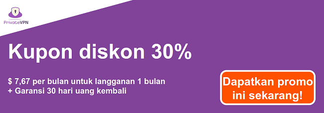 Grafik kupon PrivateVPN yang berfungsi untuk langganan 1 bulan seharga $ 7,67 dan jaminan uang kembali 30 hari