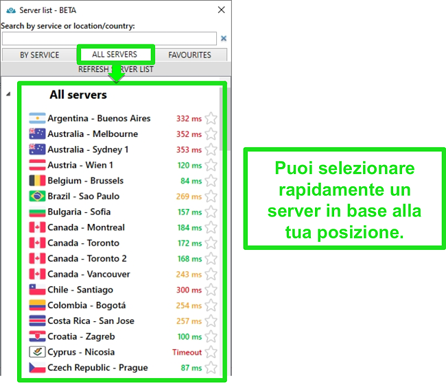 Screenshot delle posizioni dei server di PrivateVPN nell'elenco 