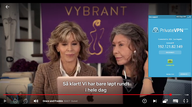 Skjermbilde av PrivateVPN koblet til amerikansk server med Grace og Frankie streaming p&aring; Netflix USA