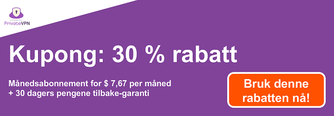 Grafikk av en fungerende PrivateVPN-kupong for et 1-m&aring;neders abonnement for $ 7,67 og en 30-dagers pengene-tilbake-garanti