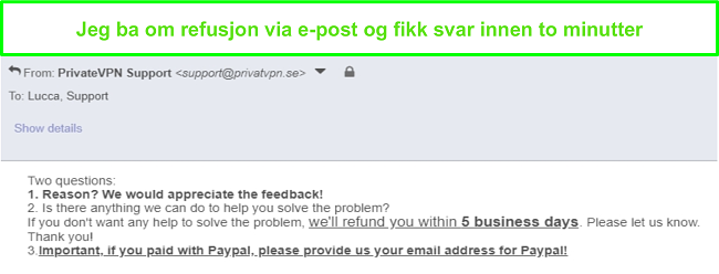 Skjermbilde av PrivateVPN svarer raskt p&aring; refusjonsforesp&oslash;rselen min via e-post