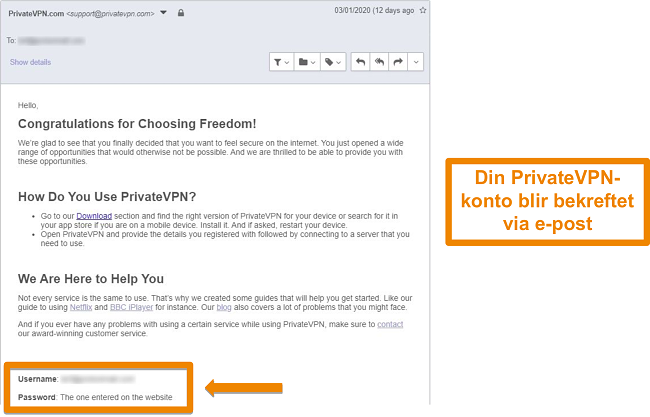 Skjermbilde av en PrivateVPN-e-postbekreftelse etter at du registrerte deg for en konto