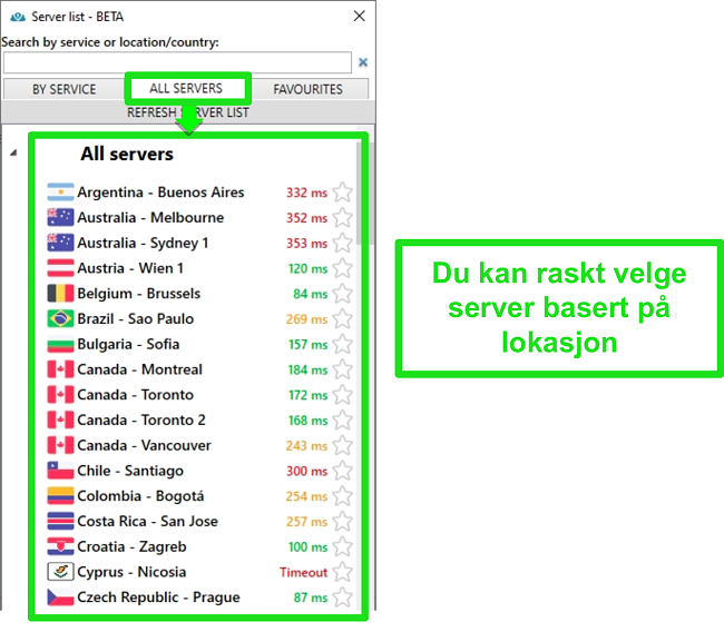 Skjermbilde av PrivateVPN-serverplasser under "Alle servere" -listen