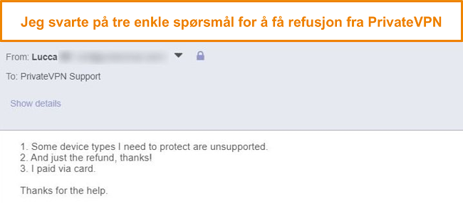Skjermbilde av svar for &aring; be om en PrivateVPN-refusjon via e-post