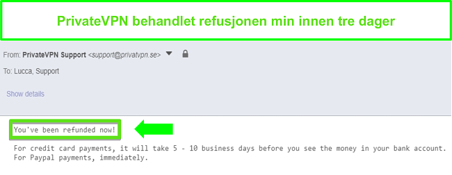 Skjermbilde av PrivateVPNs svar etter behandling av refusjon