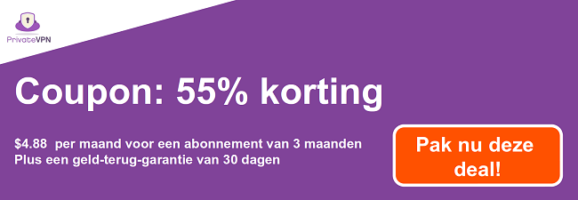 Afbeelding van een werkende PrivateVPN-kortingsbon met 55% korting op een abonnement van 3 maanden en een 30 dagen geld-terug-garantie