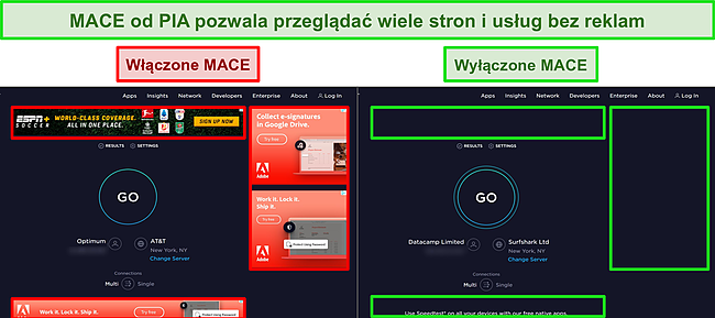 Zrzuty ekranu witryn Ookla z wyłączoną i włączoną funkcją MACE PIA, podkreślające r&oacute;żnicę w liczbie reklam wyświetlanych na każdej stronie.