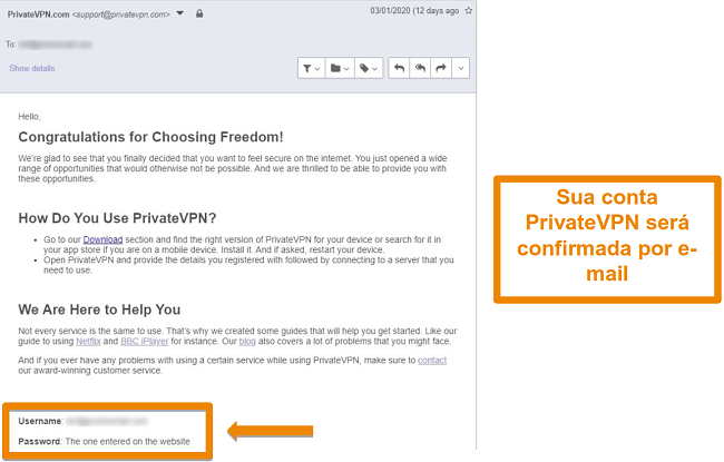 Captura de tela de uma confirma&ccedil;&atilde;o de e-mail PrivateVPN ap&oacute;s se inscrever para uma conta