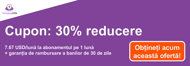 Graphic of a working PrivateVPN coupon for a 1-month subscription for $7.67 and a 30-day money-back guarantee
