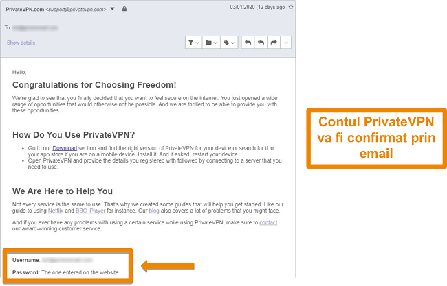 Captură de ecran a unei confirmări prin e-mail PrivateVPN după &icirc;nscrierea la un cont