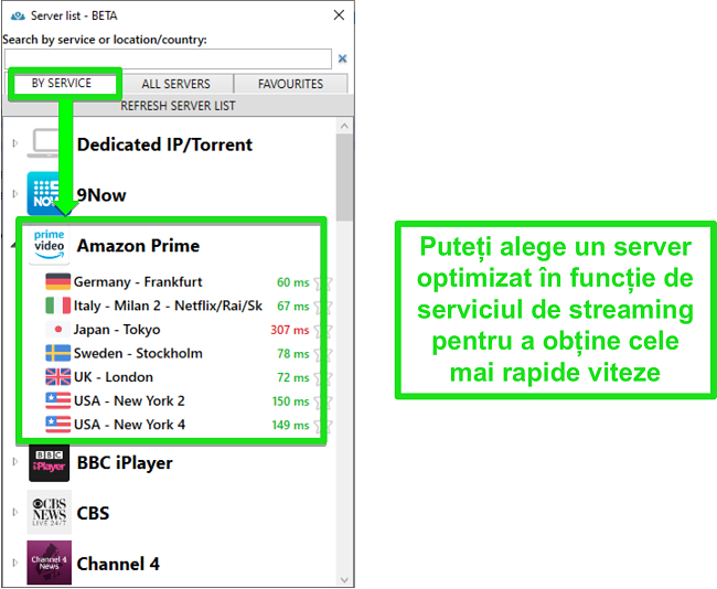 Captură de ecran a opțiunilor serverului de streaming pentru PrivateVPN