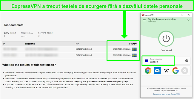 Captură de ecran a ExpressVPN care trece un test de scurgere DNS &icirc;n timp ce sunteți conectat la servere suedeze