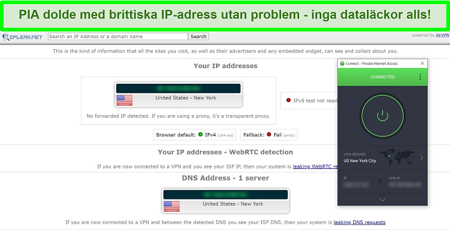 Sk&auml;rmdump av IP-l&auml;ckagetestresultat med PIA ansluten till en amerikansk server.