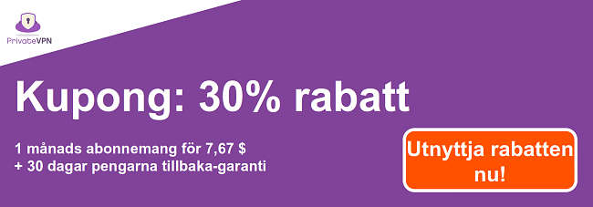 Grafik av en fungerande PrivateVPN-kupong f&ouml;r en m&aring;nads prenumeration f&ouml;r 7,67 $ och en 30-dagars pengarna-tillbaka-garanti