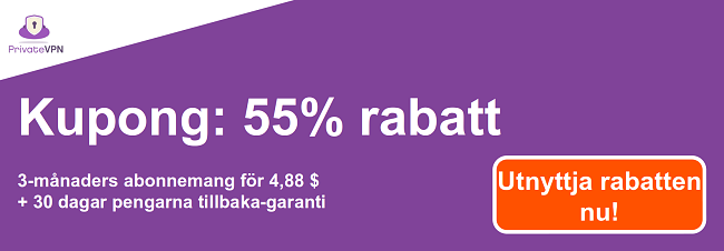 Grafik &ouml;ver en fungerande PrivateVPN-kupong med 55% rabatt p&aring; en 3-m&aring;naders prenumeration och en 30-dagars pengarna-tillbaka-garanti