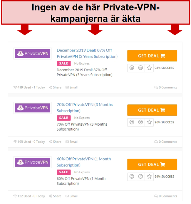 Sk&auml;rmdump av PrivateVPN-erbjudanden som visar falska priser